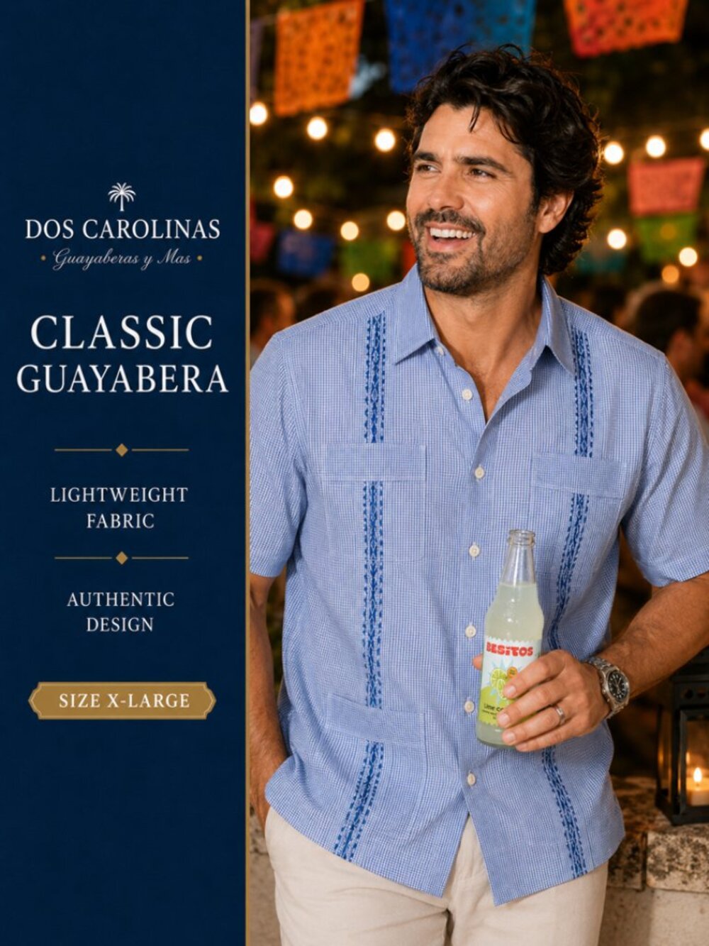 Dos Carolinas Classic Blue Gingham Guayabera | Size X-Large | Lightweight Cotton